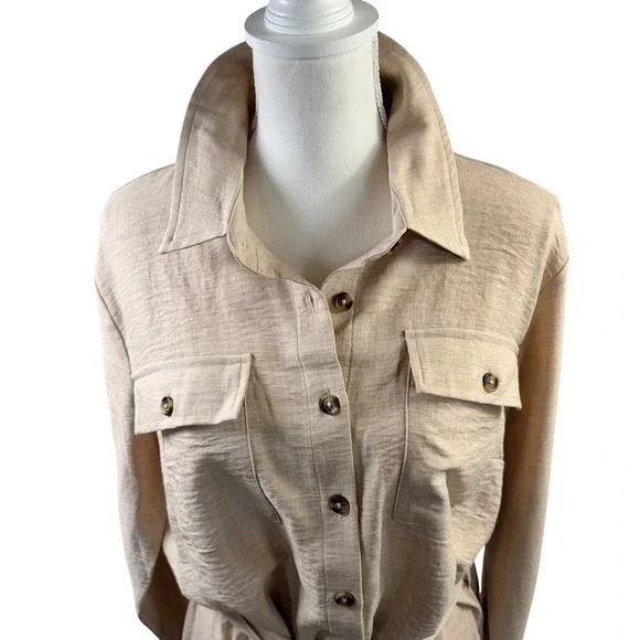 NWT DKNY Collared Button Tan Shirtdress Long sleeve collar -Removable belt Large - Picture 4 of 11
